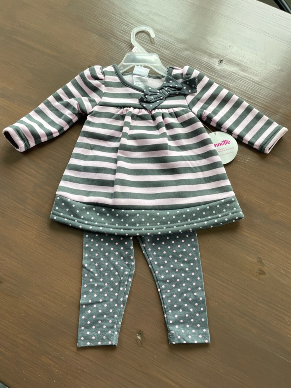 NWT Nanette Kids Pink Gray Polka Dot Fleece Lined Top & Leggings 2pc Set 12M
